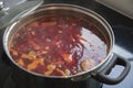 A boiling pot of traditional sour Borscht soup, one of the most famous dishes of Ukrainian cuisine