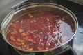 A boiling pot of traditional sour Borscht soup, one of the most famous dishes of Ukrainian cuisine