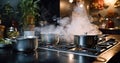 Boiling water in a cooking pot an pan on a induction stove in the modern kitchen Royalty Free Stock Photo