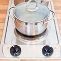 Boiling water in metal pot on hotplate