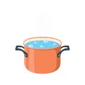 Boiling water in pan. Red cooking pot on stove with water and steam. Royalty Free Stock Photo