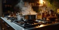 Boiling water in the pot on the stove in a modern kitchen, Water Boiling on a Gas Stove, Stainless pot Royalty Free Stock Photo