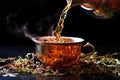 boiling water pouring onto tea leaves in a cup Royalty Free Stock Photo