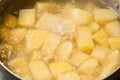 Boiling water and the process of making mashed potatoes. Bubbles of boiling liquid