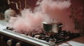 Boiling water with steam in a pot on an electric stove in the kitchen. Royalty Free Stock Photo
