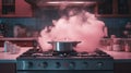 Boiling water with steam in a pot on an electric stove in the kitchen. Royalty Free Stock Photo