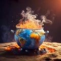 Boiling water in a world globe pot. Conceptual image of global warming. Generative Ai. Royalty Free Stock Photo