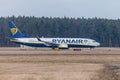 Boing 737 - 800 from Ryanair drives to runway at airport Nuernberg