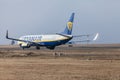 Boing 737 - 800 from Ryanair drives to runway at airport Nuernberg