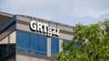 Logo on top of the head office building of GRT Gaz, Bois-Colombes, France