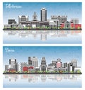 Boise Idaho and Tallahassee Florida City Skyline Set with Color Buildings, Blue Sky and Reflections