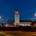 Boise Train depot at night with streaking car lights