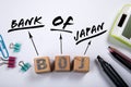 BOJ - Bank Of Japan. Text and wooden blocks on a white office table