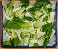 Bok choy and cabbage with oil and garlic on sheet pan ready to be roasted in the oven Royalty Free Stock Photo