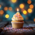 Bokeh background, birthday cupcake, burning candle, festive celebration delight