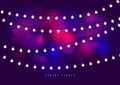 Bokeh background with outdoor string lights. Party glowing light bulbs background.