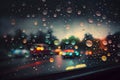 Bokeh blurred background of glass with rain drops, night traffic view