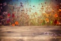 bokeh board copy wooden flowers leaf rustic background table wood design. Generative AI.