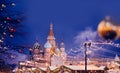 Bokeh christmas light of lanterns on winter night banner St. Basil Cathedral on Red Square in Moscow Royalty Free Stock Photo