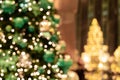 Bokeh of Christmas tree with light, snow flake. Christmas and New Year holiday background / bokeh effect / copy space Royalty Free Stock Photo