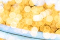 Bokeh fashion. Gold glitter abstract lights. Festive blur background. Soft yellow christmas backdrop Royalty Free Stock Photo