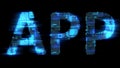 bokeh glitch electrical light cybernetical blue text APP, isolated - object 3D illustration