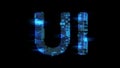 bokeh glitch electrical light cybernetical blue text UI, isolated - object 3D illustration
