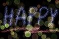The bokeh image has the word Happy green