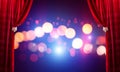 Bokeh lights behind drapery curtain and hand opening it Royalty Free Stock Photo