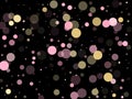 Bokeh lights effect vector. Gold, pink and rose color round confetti dots, circles scatter on black. Elegant bokeh background. Royalty Free Stock Photo