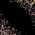 Bokeh lights effect vector. Gold, pink and rose color round confetti dots, circles scatter on black. Royalty Free Stock Photo