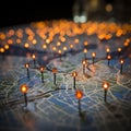 Bokeh lights on a map, marking locations in Paris