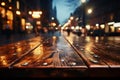 Bokeh lights from night street enhance wooden table against blurred restaurant background Royalty Free Stock Photo
