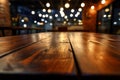 Bokeh lit cafe ambiance, detailed view of a wooden table surface