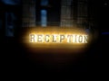 Bokeh shot of the front desk of the office with reception logo r advertisement. Royalty Free Stock Photo