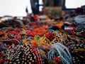 Hand made souvenirs are being sold in the Indian souvenir market in Varanasi.