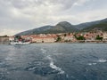 Bol, Croatia, July 25, 2021: View of the marina and the old town of Bol on the island of Brac. Panorama of the resort.