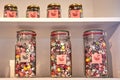 Bolcheriet - hard candies displayed in jars in famous hard candy manufacture and store in Svaneke.