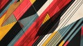 Bold abstract art with diagonal lines and geometric shapes in red, yellow, black, and blue, creating a dynamic, visually striking