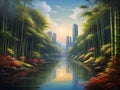 A bold and abstract painting art, a bustling cityscape with the serenity of a tranquil bamboo forest, skycrapers