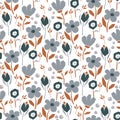 Bold abstract seamless pattern with flowers and leaves on a white background. Blue neutral floral paper cut design print