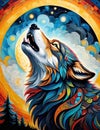 A bold anf abstract painting art of a howling wolf in the forest at a full moon night, animal design