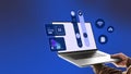 Bold artwork. Hands holding laptop with blue interface icons showing data visualization and cloud control Royalty Free Stock Photo