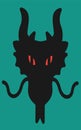 A bold black demonic beast head with fiery red eyes against an olive green backdrop