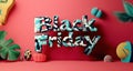 Black Friday text in bold 3D style with glitter effect on vibrant red background symbolizing excitement and sales Royalty Free Stock Photo