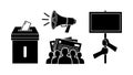 Black silhouettes of ballot box, megaphone, protesting crowd with signs, and hands holding blank placard in vector art Royalty Free Stock Photo