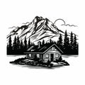 Bold Black And White Cabin Illustration With Mountains On A Lake