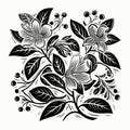 Bold Black And White Illustration Of Honeysuckle Linocut Woodcut Print