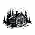 Bold Black And White Log Cabin Illustration: Tattoo Style, Clean Vector Art