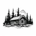 Bold Black And White Log Cabin Silhouette Illustration